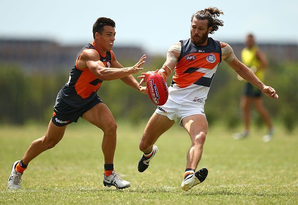 SYDNEY, AUSTRALIA - FEBRUARY 17: Sam Reid of the Giants is challenged by Dylan Shiel of the Giants during the Greater Western Sydney GIants AFL Intra-Club match at Tom Wills Oval on February 17, 2016 in Sydney, Australia. (Photo by Mark Metcalfe/Getty Images)