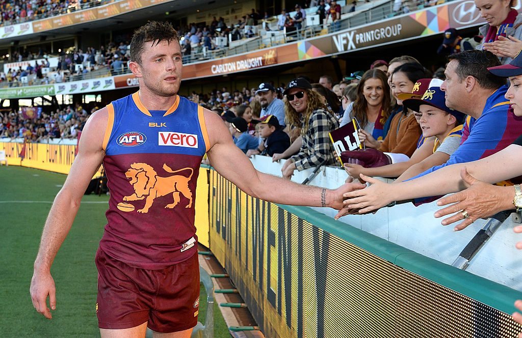 during the round 21 AFL match between the Brisbane Lions and the Carlton Blues at The Gabba on August 13, 2016 in Brisbane, Australia.
